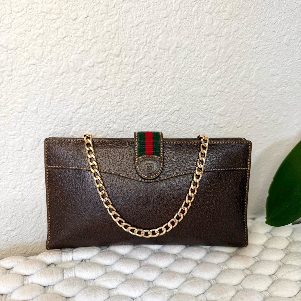 GUCCI GG Long Wallet Clutch Crossbody Bag Sherry Line Leather Brown